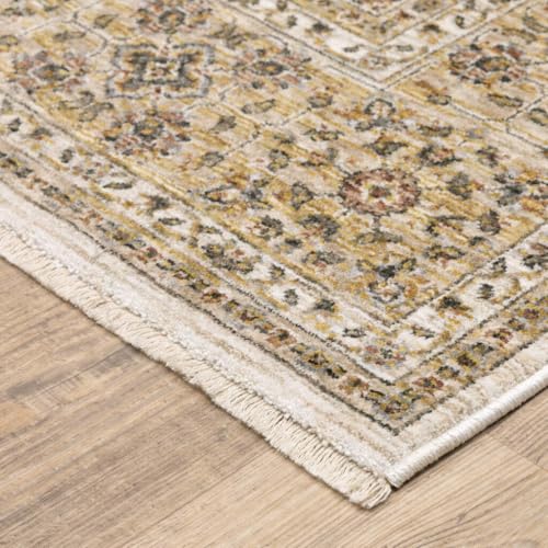 HomeRoots 509385 8 x 11 ft. Ivory & Gold Oriental Power Loom Stain Resistant Rectangle Area Rug with Fringe