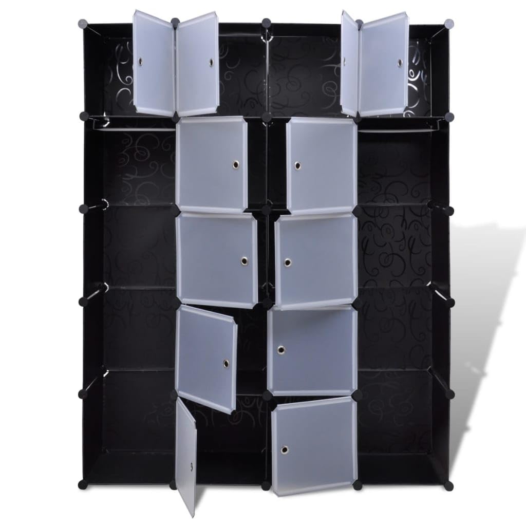 vidaXL Black and White Modular Wardrobe Cabinet with 14 Compartments, Easy Assembly, Modern Design, Plastic Material, Versatile Setup, with Safety Device