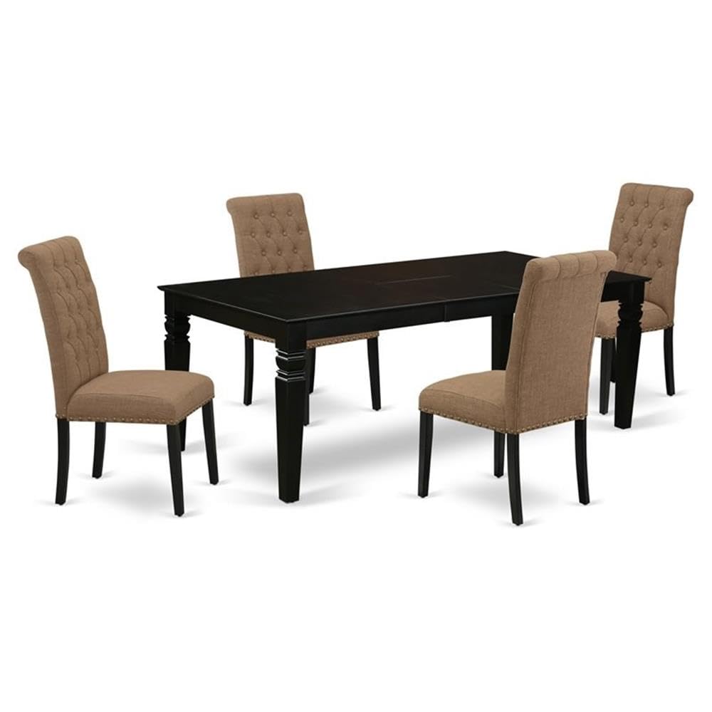 East West Furniture Lgbr5-Blk-17 5 Piece Dining Set Includes A Rectangle Dining Room Table With Butterfly Leaf And 4 Light Sable Linen Fabric Upholstered Chairs, 42X84 Inch, Black