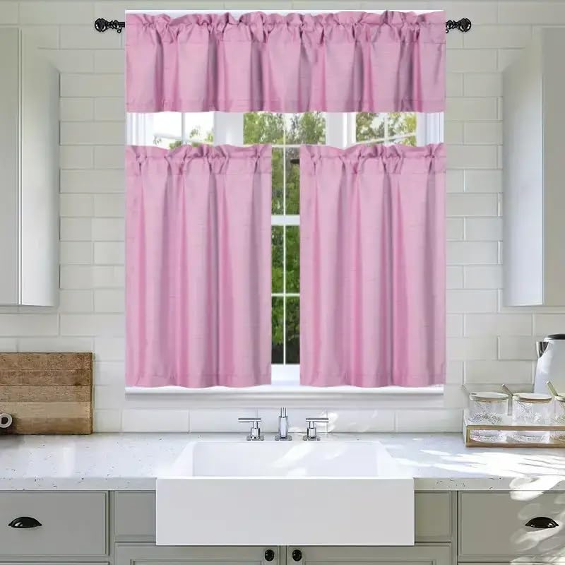 3Pc Set Solid Faux Silk Lined Blackout Rod Pocket Small Kitchen Window Curtain with Valance (K3) (Pink)