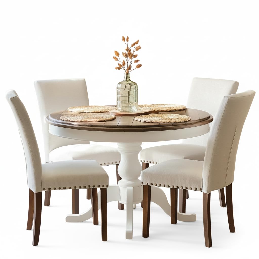 COLAMY Upholstered Parsons Dining Chairs Set of 4, Fabric Dining Room Kitchen Side Chair with Nailhead Trim and Wood Legs - Beig