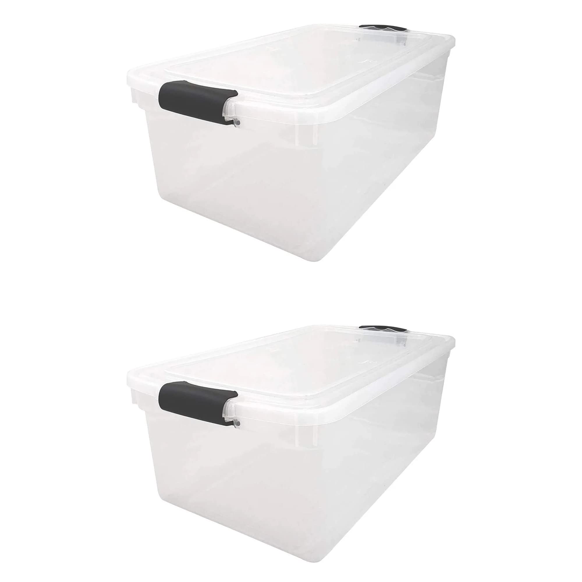 HOMZ 2 Pack Large Clear Plastic Storage Bins with Latching Lids, 66 Quart, Gray