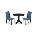 East West Furniture Anfl3-Abk-21 3 Piece Modern Dining Table Set Contains A Round Kitchen Table With Pedestal And 2 Blue Linen Fabric Parson Dining Chairs, 36X36 Inch, Wirebrushed Black