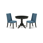East West Furniture Anfl3-Abk-21 3 Piece Modern Dining Table Set Contains A Round Kitchen Table With Pedestal And 2 Blue Linen Fabric Parson Dining Chairs, 36X36 Inch, Wirebrushed Black