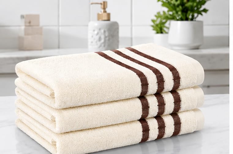Vc 3 Pcs Towel Set 40 X 60 Cm | Soft & Absorbent Multipurpose Towels | Cream With Brown Stripes | Hand, Face, Kitchen, Gym & Tra