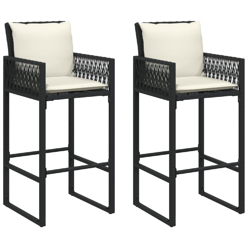 vidaXL Patio Bar Stools with Cushions - Black Poly Rattan - Outdoor Furniture - Set of 2 - Includes Armrests & Backrest - Removable & Washable Covers - Steel Frame - for Garden/Patio/Deck