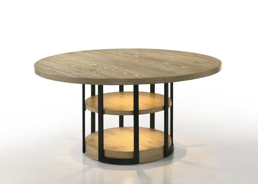 LILOLA LIVING Eden 59' Round Rustic Oak Dining Table with LED Light, Black Metal Frame, Shelves