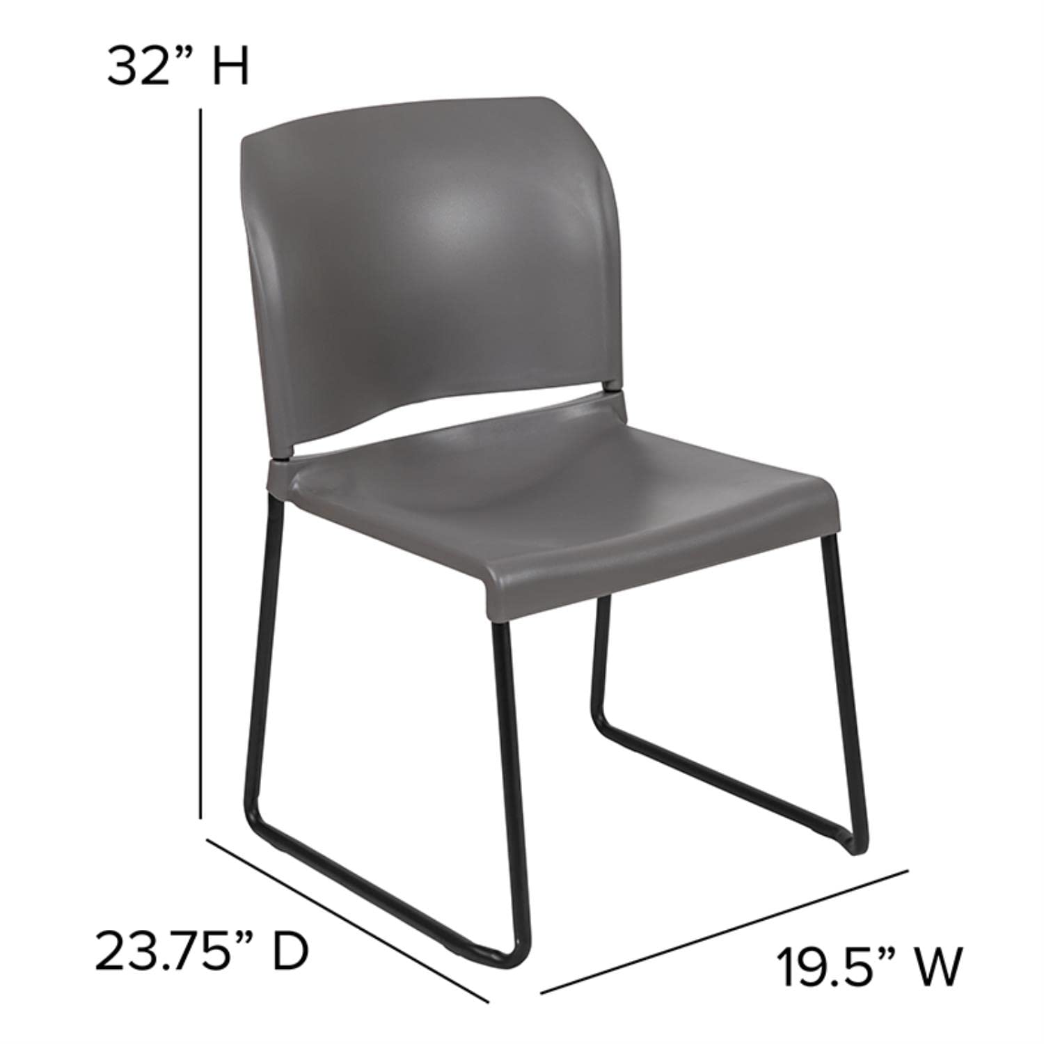 Flash Furniture Hercules Series 880 Lb. Capacity Gray Full Back Contoured Stack Chair With Black Powder Coated Sled Base