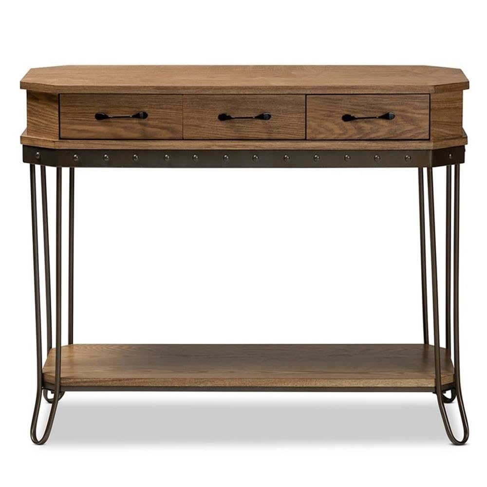 Baxton Studio Brown Wood and Black Finished Metal 3-Drawer Console Table