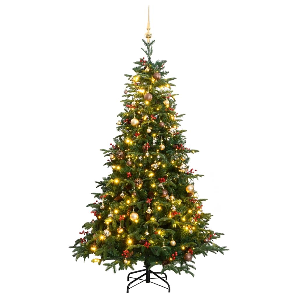 Vidaxl Artificial Hinged Christmas Tree  Green, With 300 Leds, Multisize Ball Set, Lifelike Pe Tips, Durable Metal Stand, Red