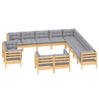 vidaXL Solid Pinewood Patio Lounge Set 13 Piece with Gray Cushions Garden Outdoor Lawn Yard Terrace Balcony Wooden Seat Seating Furniture