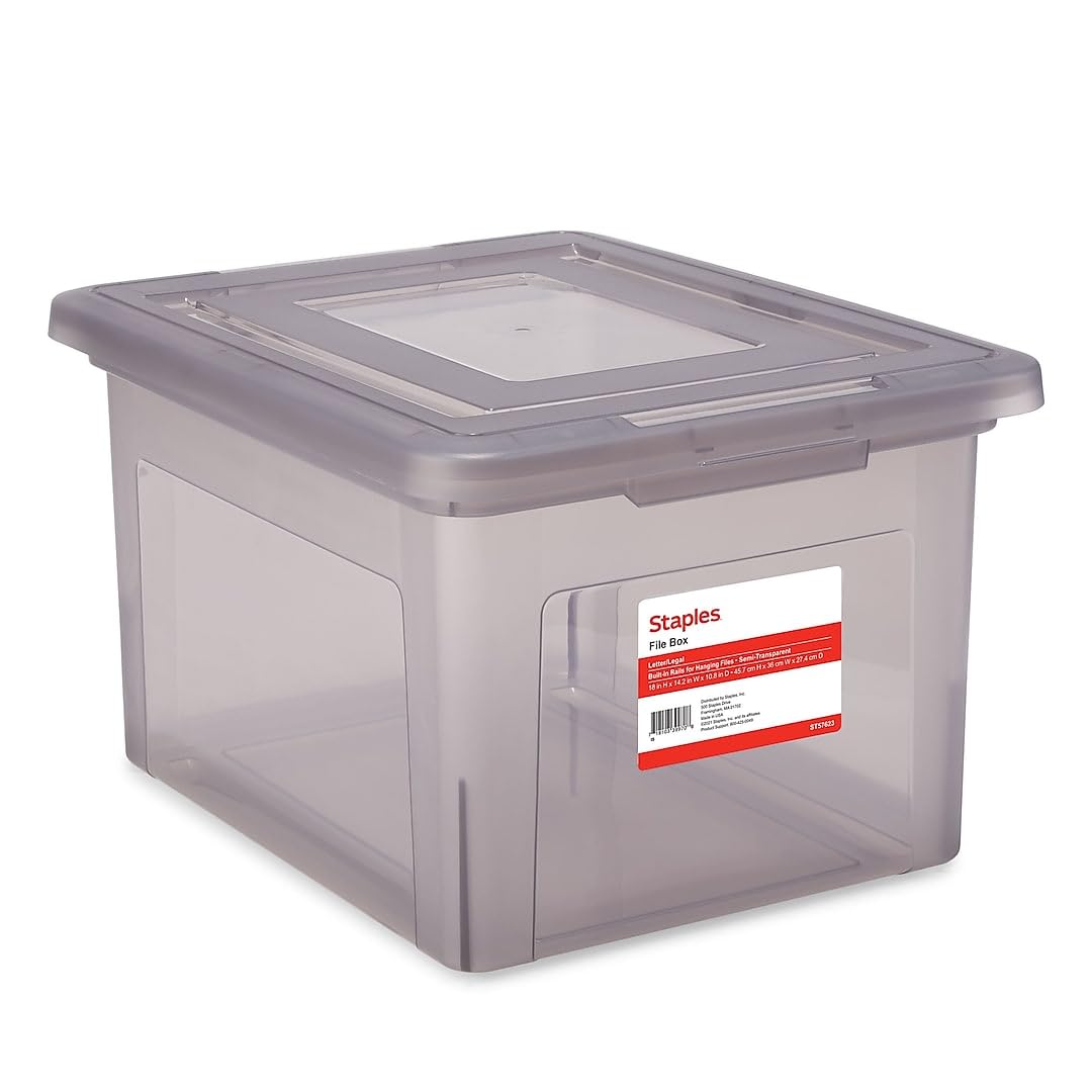 Staples Hanging File Folder Box, Storage Bin Organizer, Snap Lid, Letter And Legal Size Documents, Frost Gray
