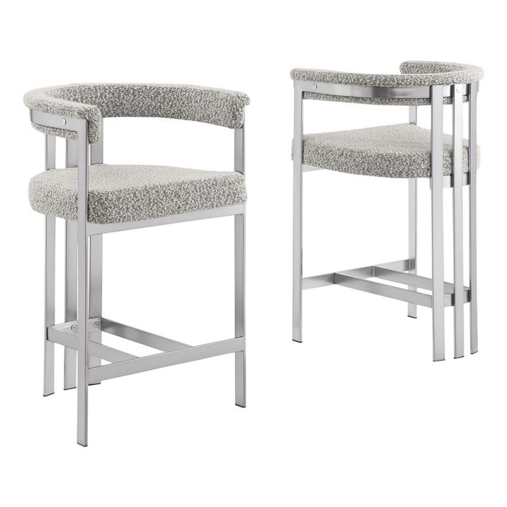 Best Quality Furniture Modern Upholstered Counter Height Stool With Rich Gray Boucle Fabric – Matte Brushed Chrome Legs In Silver – Versatile Living Room & Dining Room Seating – Set Of 2