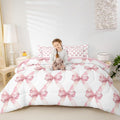 Manfei 7 Pcs Pink Bowknot Comforter Set,Dreamy Princess Style Bedding Set,Watercolor Bow Geometric Grids Patchwork(Comforter+Fit
