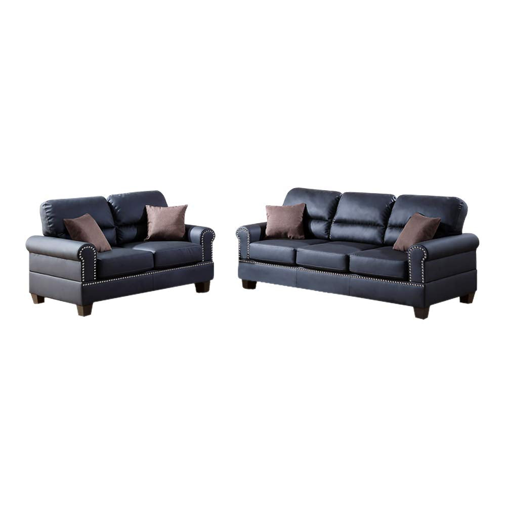 Benzara Bonded Leather With Loveseat And Cushions, Black