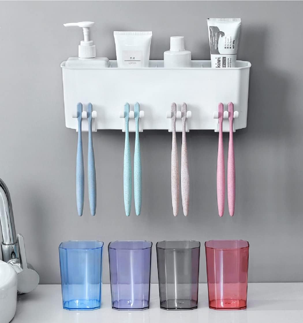NIYANETAIL Plastic Toothbrush Holder  Wall Mounted Bathroom Toothbrush Organizer with 4 Cups | Durable & SpaceSaving Brush Hol