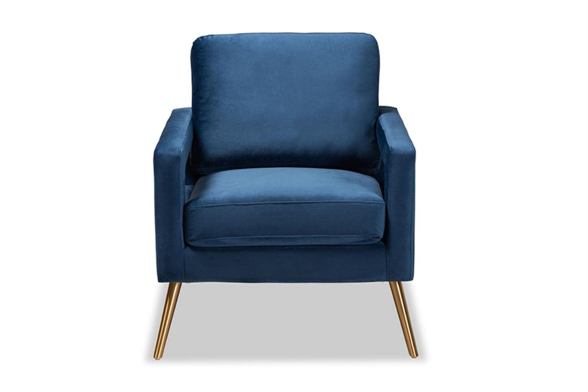 Baxton Studio Leland Glam and Luxe Navy Blue Velvet Fabric Upholstered and Gold Finished Armchair