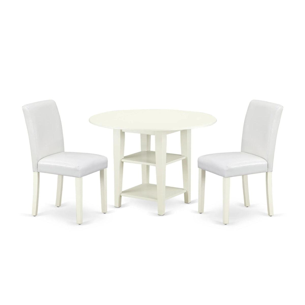 East West Furniture Suab3-Lwh-64 3 Piece Modern Dining Table Set Contains A Round Wooden Table With Dropleaf & Shelves And 2 White Faux Leather Parson Dining Chairs, 42X42 Inch, Linen White