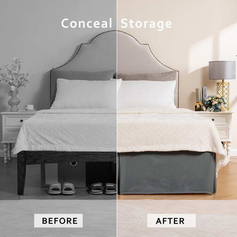 Miye Pleated Waffle Weave Bed Skirt, Tailored Dust Ruffle 14 Inch Drop Easy Fit, Machine Washable (Dark Grey, King - 14'' Drop)