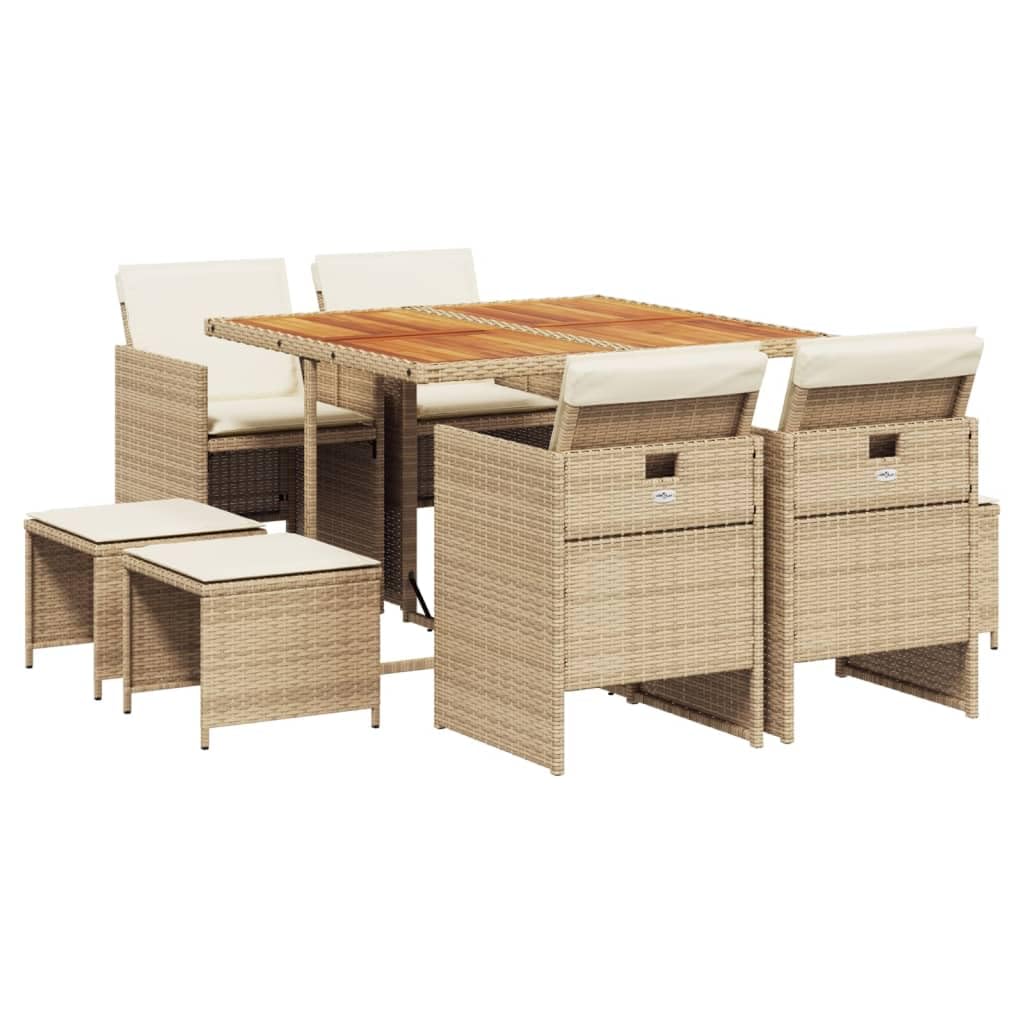 vidaXL 9 Piece Patio/Garden/Backyard Dining Set with Cushions - Foldable Chairs, Space-Saving Storage, Weather-Resistant Beige Poly Rattan, Acacia Wood Table, Removable Covers
