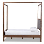 Baxton Studio Natasha Queen Size Grey Upholstered Walnut Finished Canopy Bed