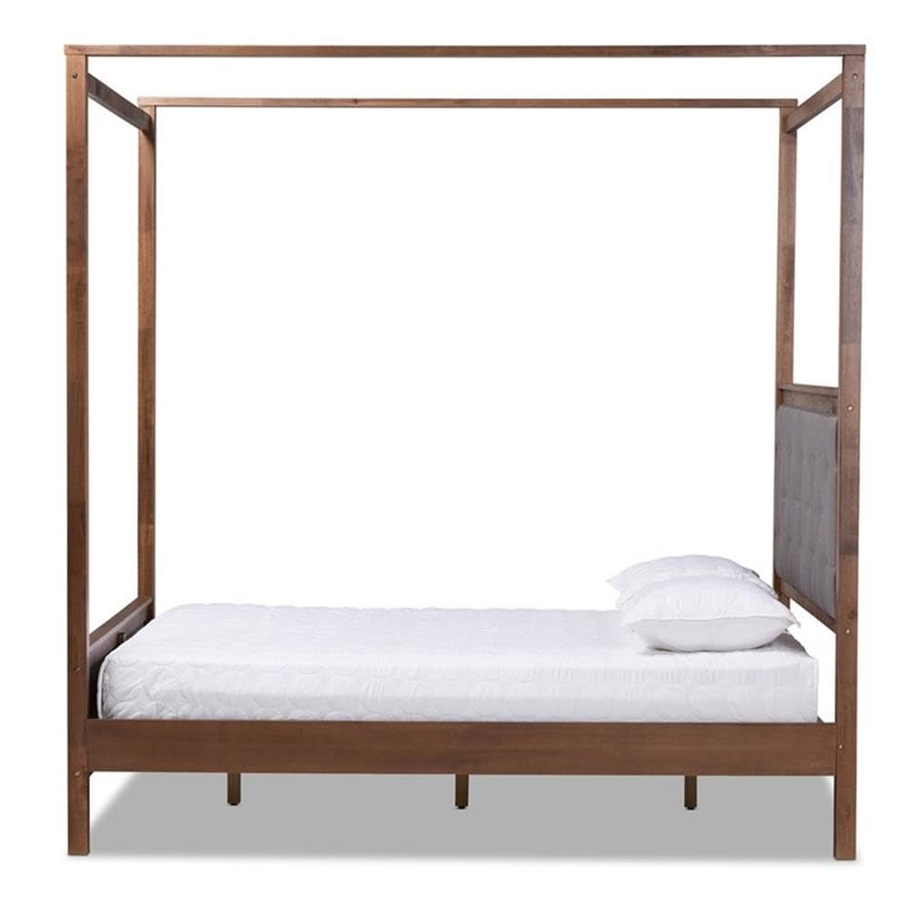 Baxton Studio Natasha Queen Size Grey Upholstered Walnut Finished Canopy Bed