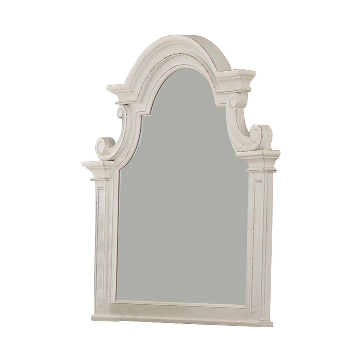 Benjara Scalloped Design Wooden Frame Mirror with Distressed Detail, White