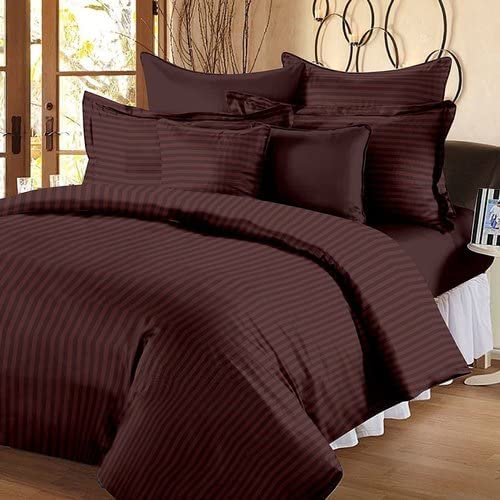 KRISHWI 300TC Pure Cotton Plain Stripe King Size Double Bedsheet for Double Bed with Two Pillow Covers (Super King, Brown) (108 