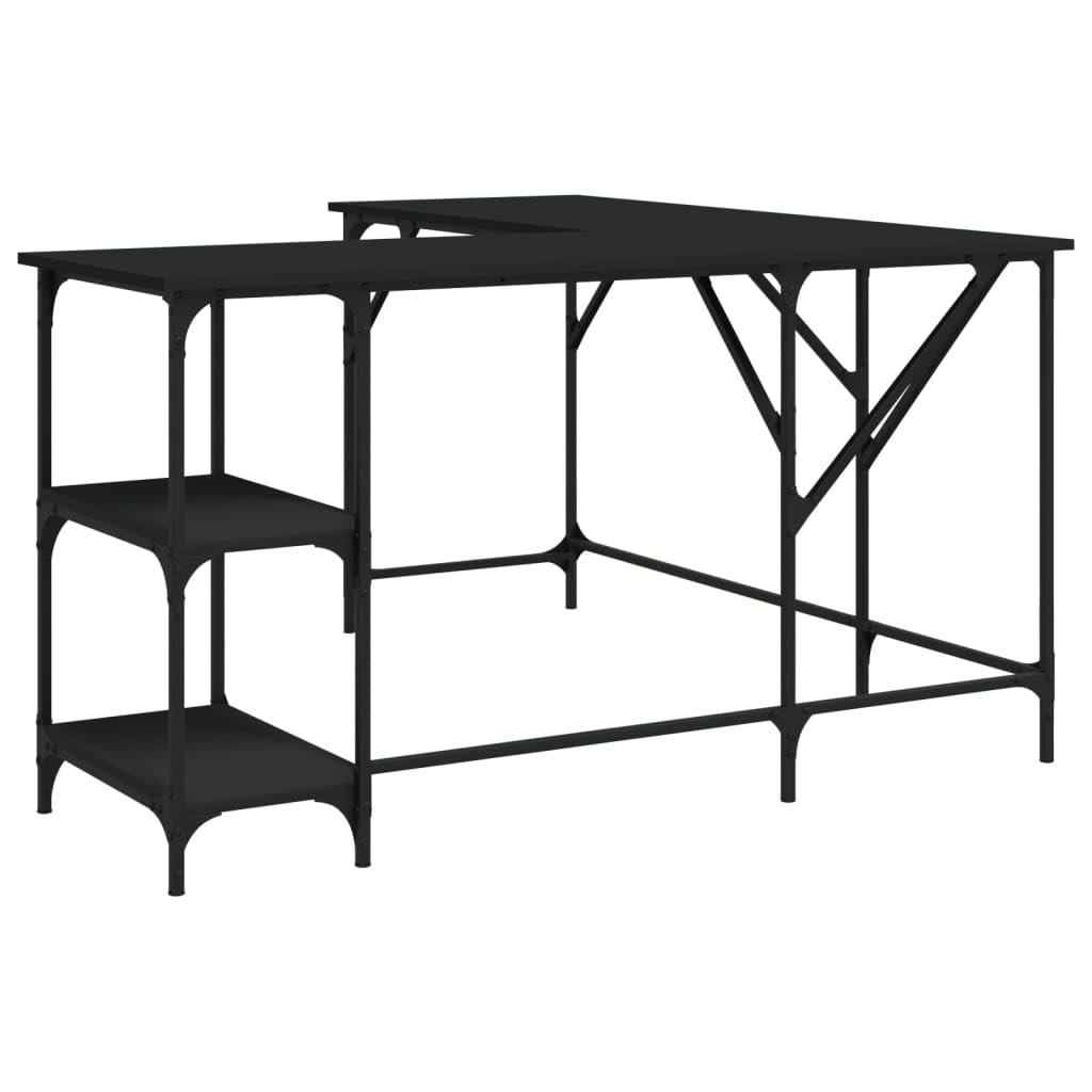 vidaXL Black L-Shaped Engineered Wood Desk - Computer Table with Shelves, Metal Frame, Adjustable Feet for Home/Office