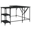 vidaXL Black L-Shaped Engineered Wood Desk - Computer Table with Shelves, Metal Frame, Adjustable Feet for Home/Office