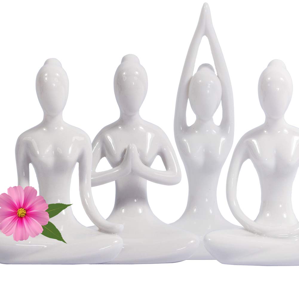 4.25 White Set of 4 Home Decorative Porcelain Ceramic Yoga Pose Yoga Figurine Statue, Meditation Room Yoga Instructor Collection