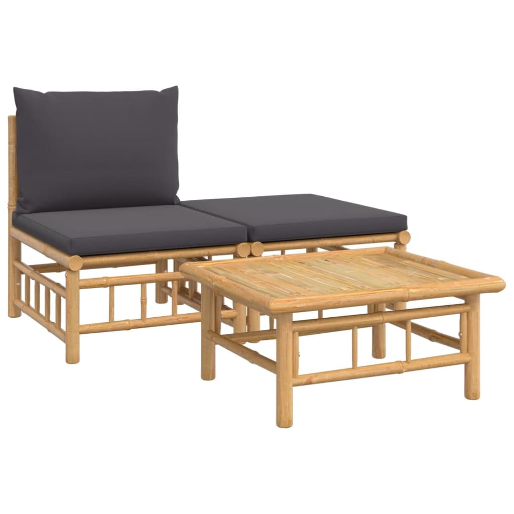 vidaXL Patio Lounge Set – 3 Piece Bamboo Outdoor Furniture Set with Dark Gray Cushions, Flexible Design for Custom Layouts, Durable and Natural Material