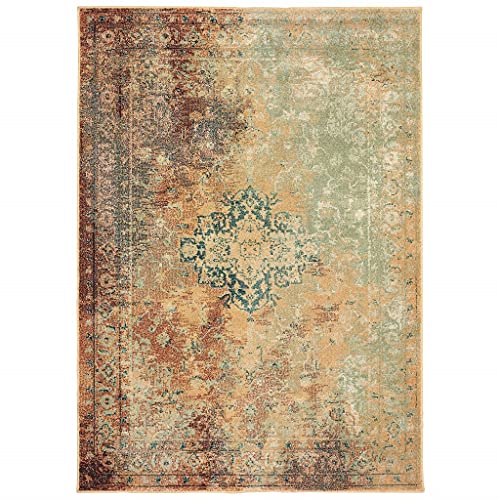 HomeRoots Rust Polypropylene 5’ x 8’ Brown and Gold Medallion Indoor Area Rug