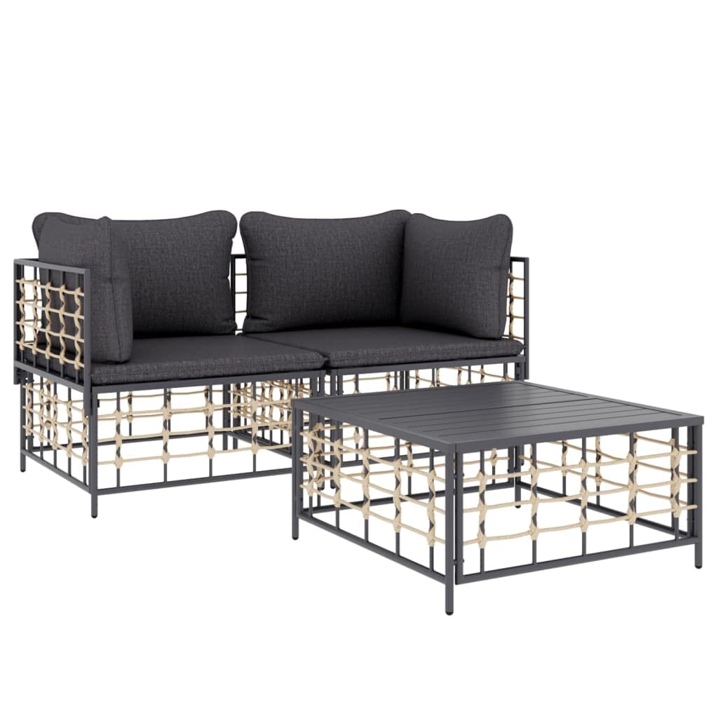 vidaXL 3 Piece Patio Lounge Set with Cushions Anthracite Poly Rattan