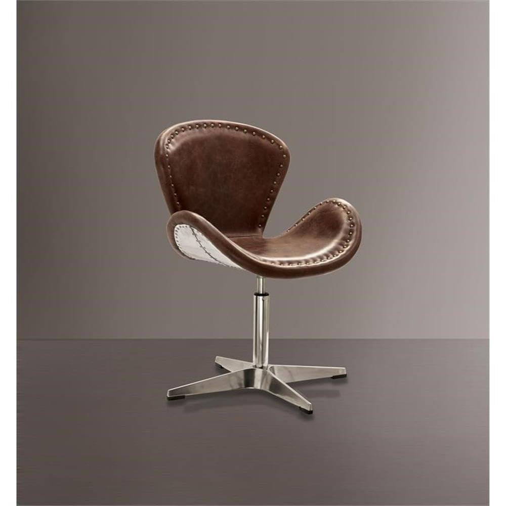 Acme Brancaster Leather Upholstery Accent Chair in Retro Brown and Aluminum