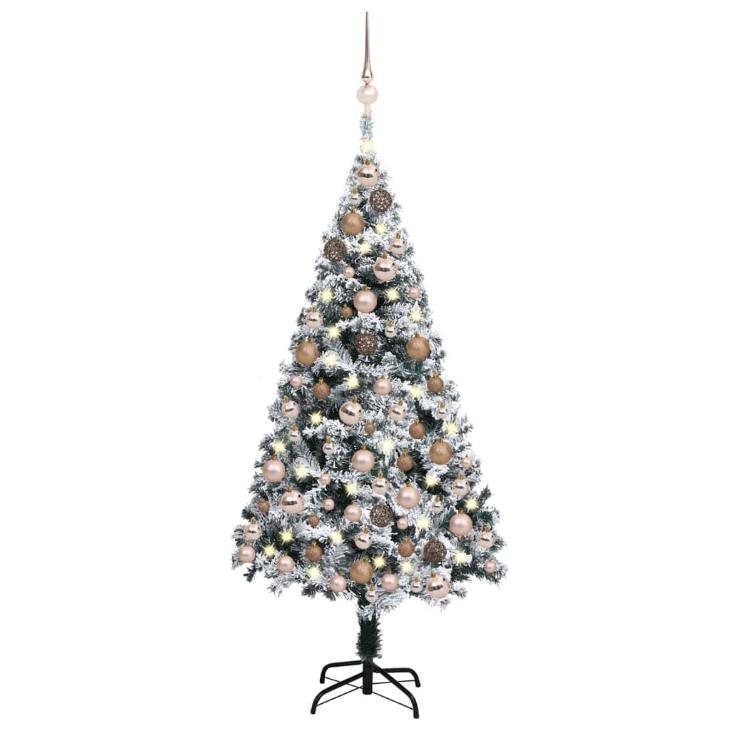 Vidaxl Artificial Prelit Christmas Tree  Green Pvc With Ball Set, 150 Led Lights, Flocked Snow, 59.1 Inch  Height, 37.4 Inch  Diameter,