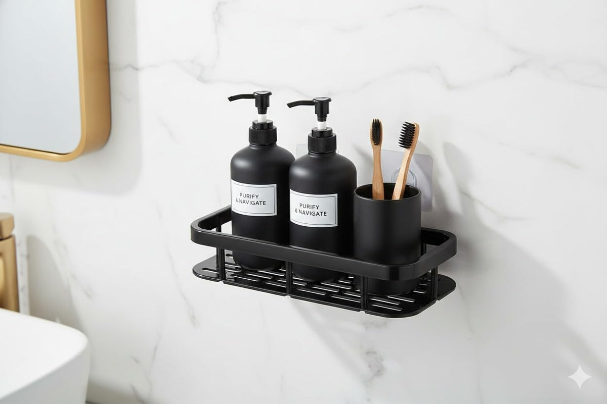 Arico Gold Wall Mounted Bathroom Shelf Rack | Matte Black Storage Tray For Toiletries, Bottles, Soap Pump, Brush & Shower Access