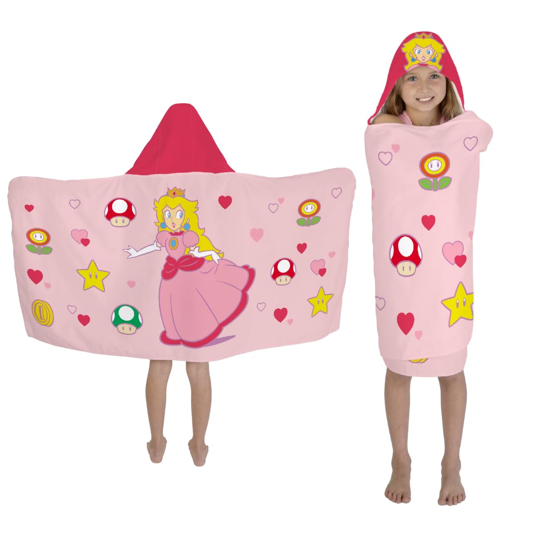 Franco Super Mario Girl Princess Peach Kids Super Soft Bath/Pool/Beach Soft Cotton Terry Hooded Towel Wrap, 24 In X 50 In, (Offi