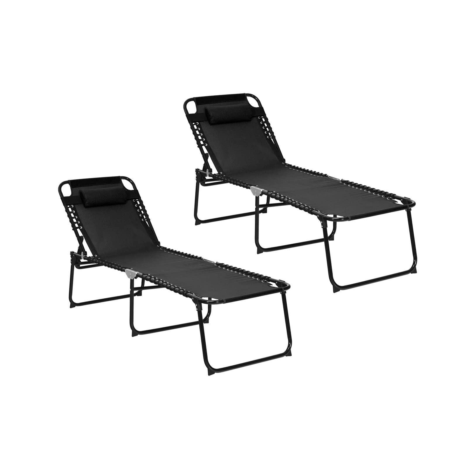 Gymax Lounge Chairs For Outside, Extra High Folding Beach Tanning Lounger With 4-Level Adjustable Backrest, 2-Level Footrest & Removable Pillow, Sunbathing Lounge For Patio, Lawn, Poolside (2, Black)