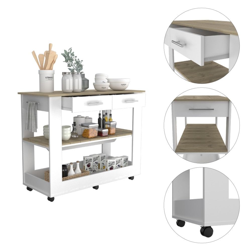 Kitchen Island 46 Inches Dozza, Two Drawers - White/Light Oak