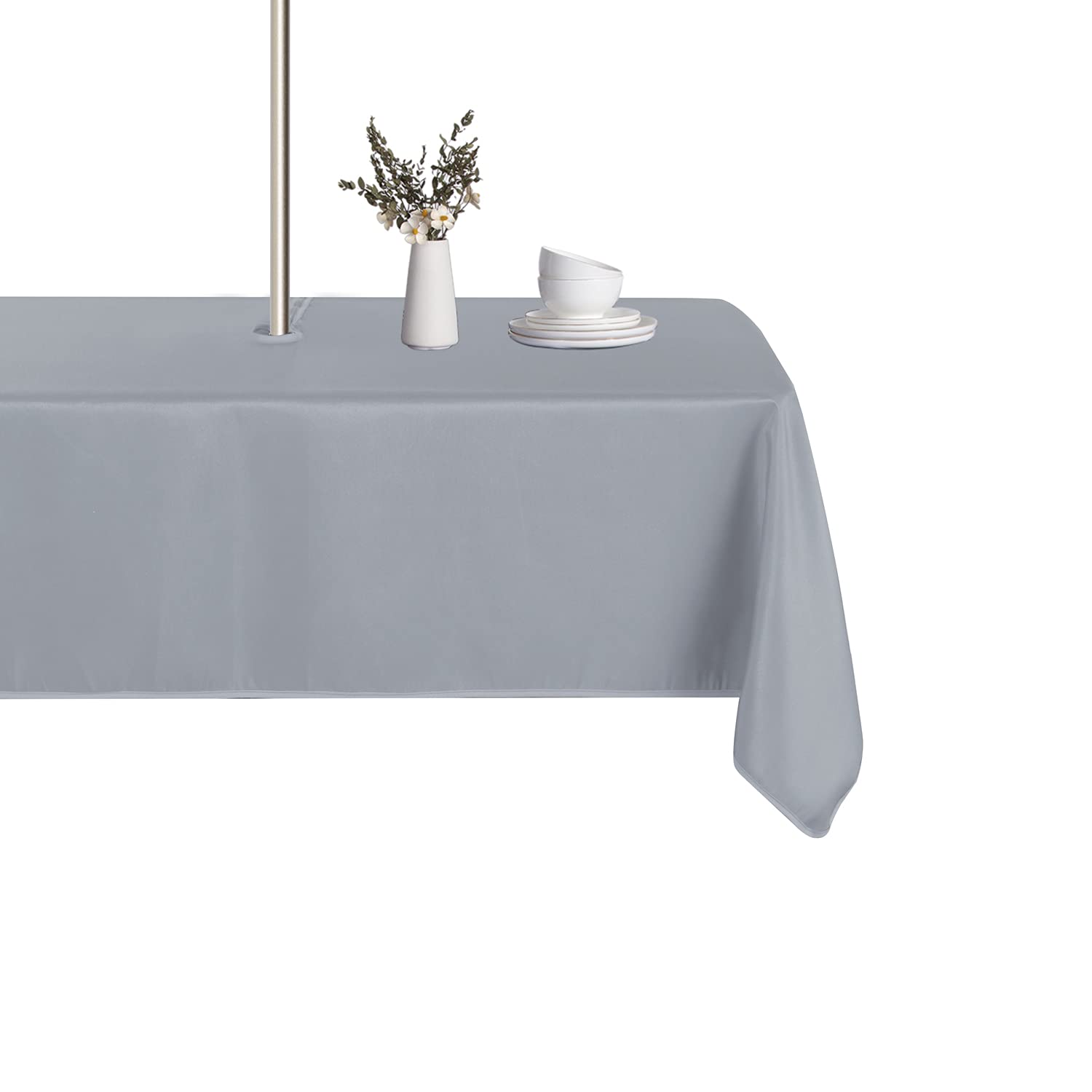 Lushvida Rectangle Outdoor Tablecloth With Umbrella Hole And Zipper, 60X84 Inch Silver, Washable Waterproof Table Cloth Spill Pr