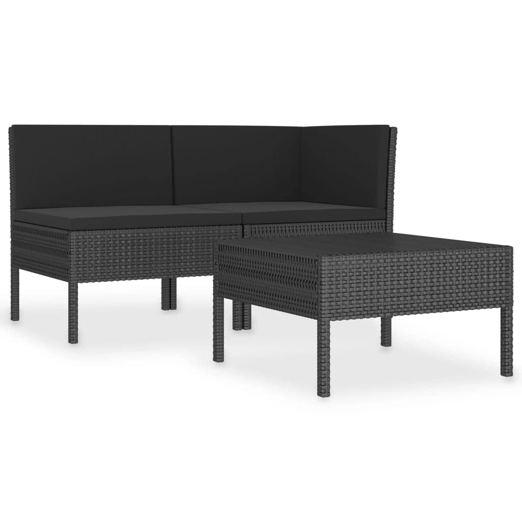 vidaXL Black 3 Piece Patio Lounge Set - Poly Rattan Outdoor Furniture with Cushions, Weather-Resistant, Powder-Coated Steel Frame, Modular Design, Sofa and Tea Table.
