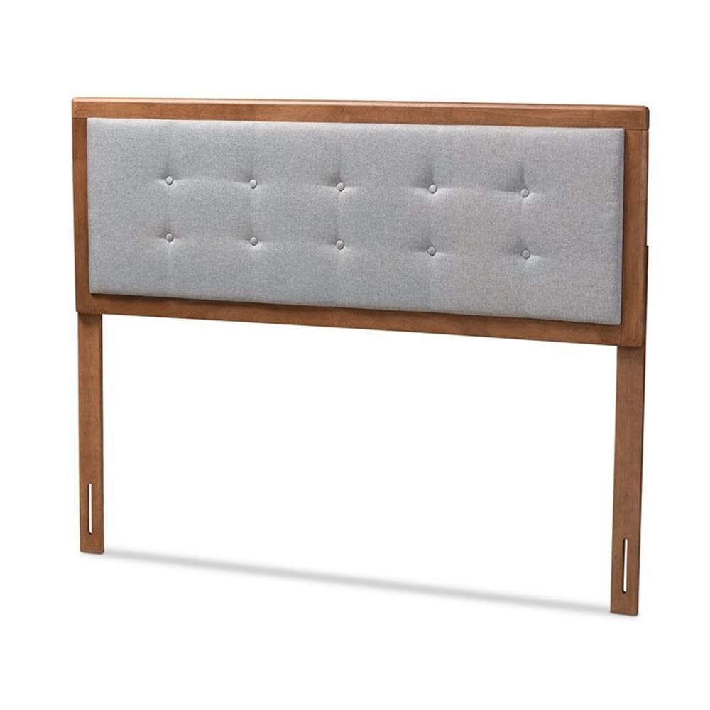 Baxton Studio Sarine Mid-Century Modern Light Grey Fabric Upholstered Walnut Brown Finished Wood King Size Headboard
