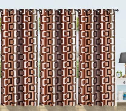 GOOD LUCK TEXTILE Set of 3 Piece (5 FT Brown Colour Printed Geometry) Eyelet Polyester Curtains for Window