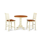 East West Furniture JAVN3-WHI-W 3 Piece Counter Height Dining Set for Small Spaces Contains a Round Dining Room Table with Pedestal and 2 Wooden Seat Chairs, 36x36 Inch, Buttermilk & Cherry