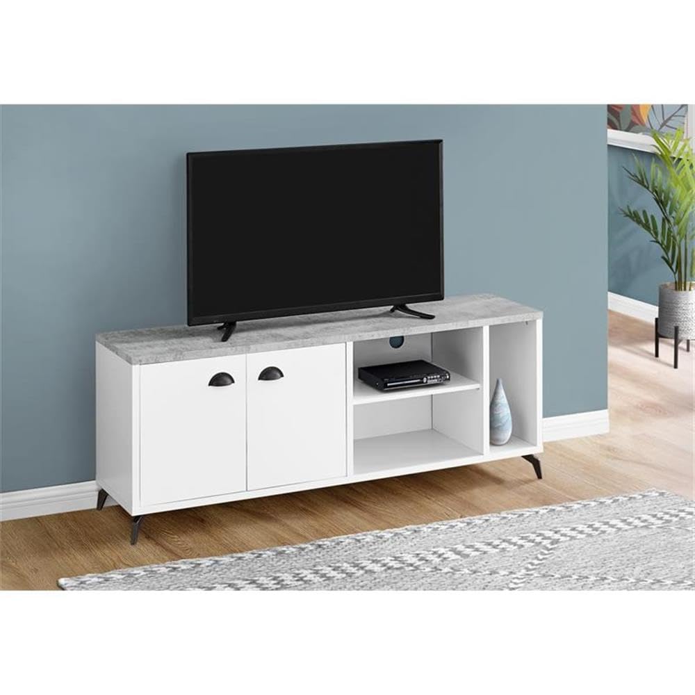 Monarch Specialties I 2841 Tv Stand, 60 Inch, Console, Media Entertainment Center, Storage Cabinet, Living Room, Bedroom, Laminate, Metal, Grey, White