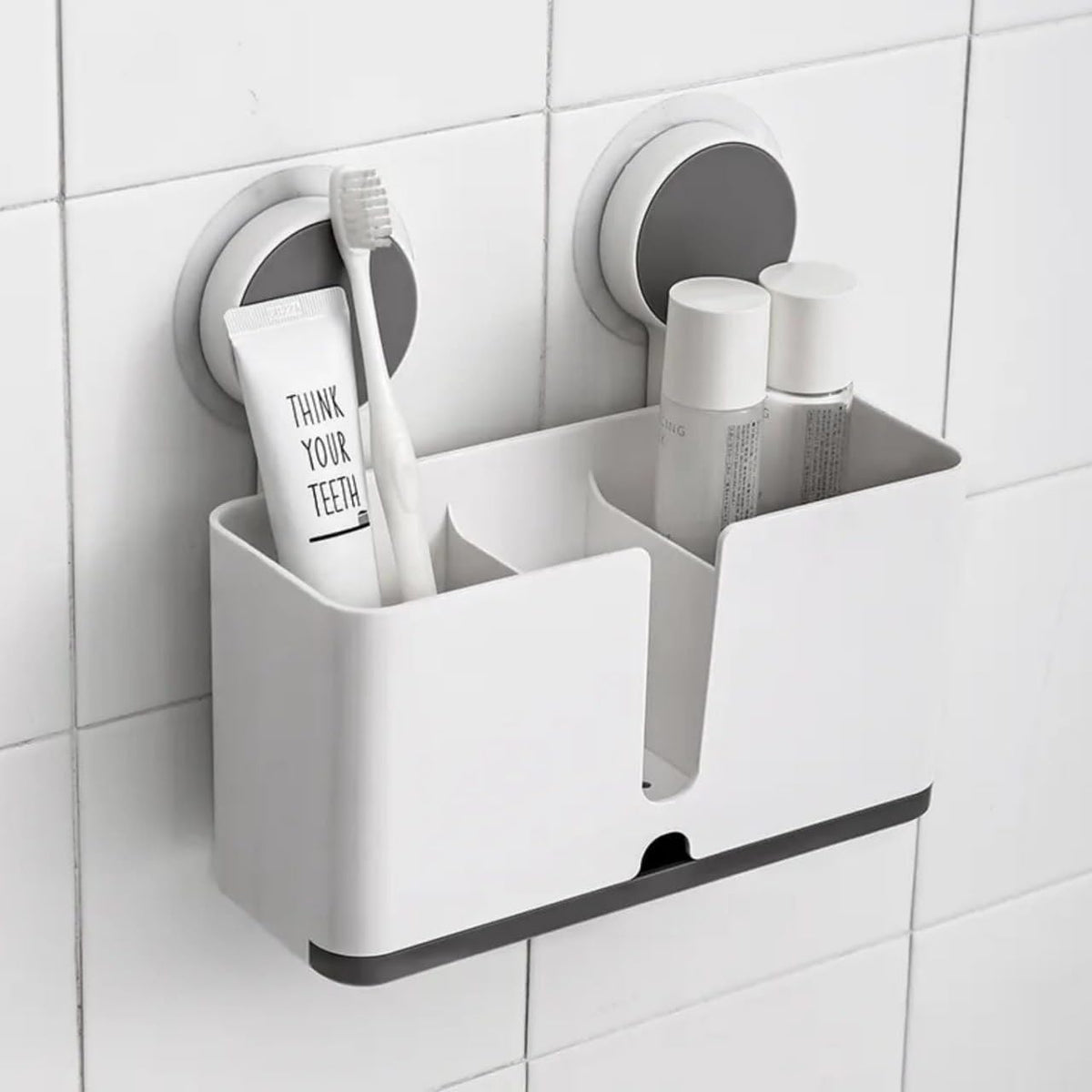 WallMounted Suction Cup Toothbrush Holder & Bathroom Organizer  DamageFree No Drill Shower Caddy Storage Rack with Compartmen