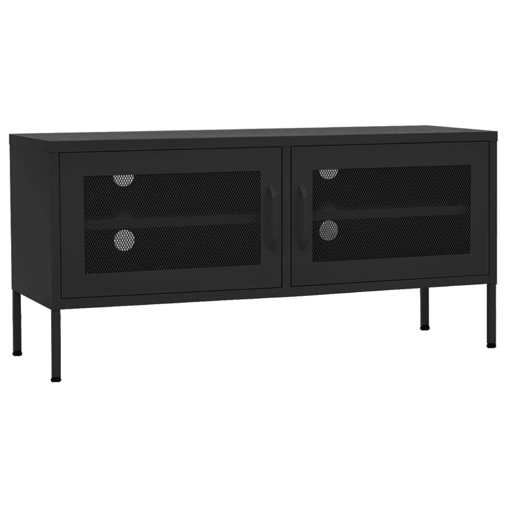 vidaXL Steel TV Stand with Mesh Doors - Durable and Adjustable Unit with Cable Management System, Internal Shelf for Media Storage, Ideal for Modern Living Spaces