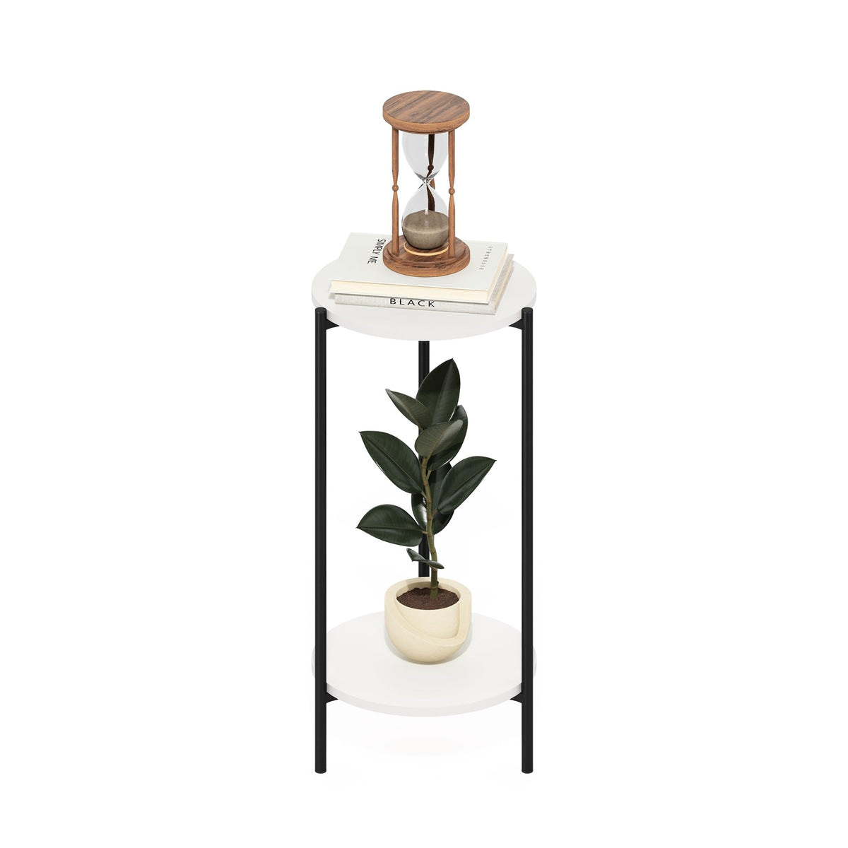 Furinno Besi 2-Tier Modern Tall Round Side End Table with Sturdy Metal Legs, White/Black