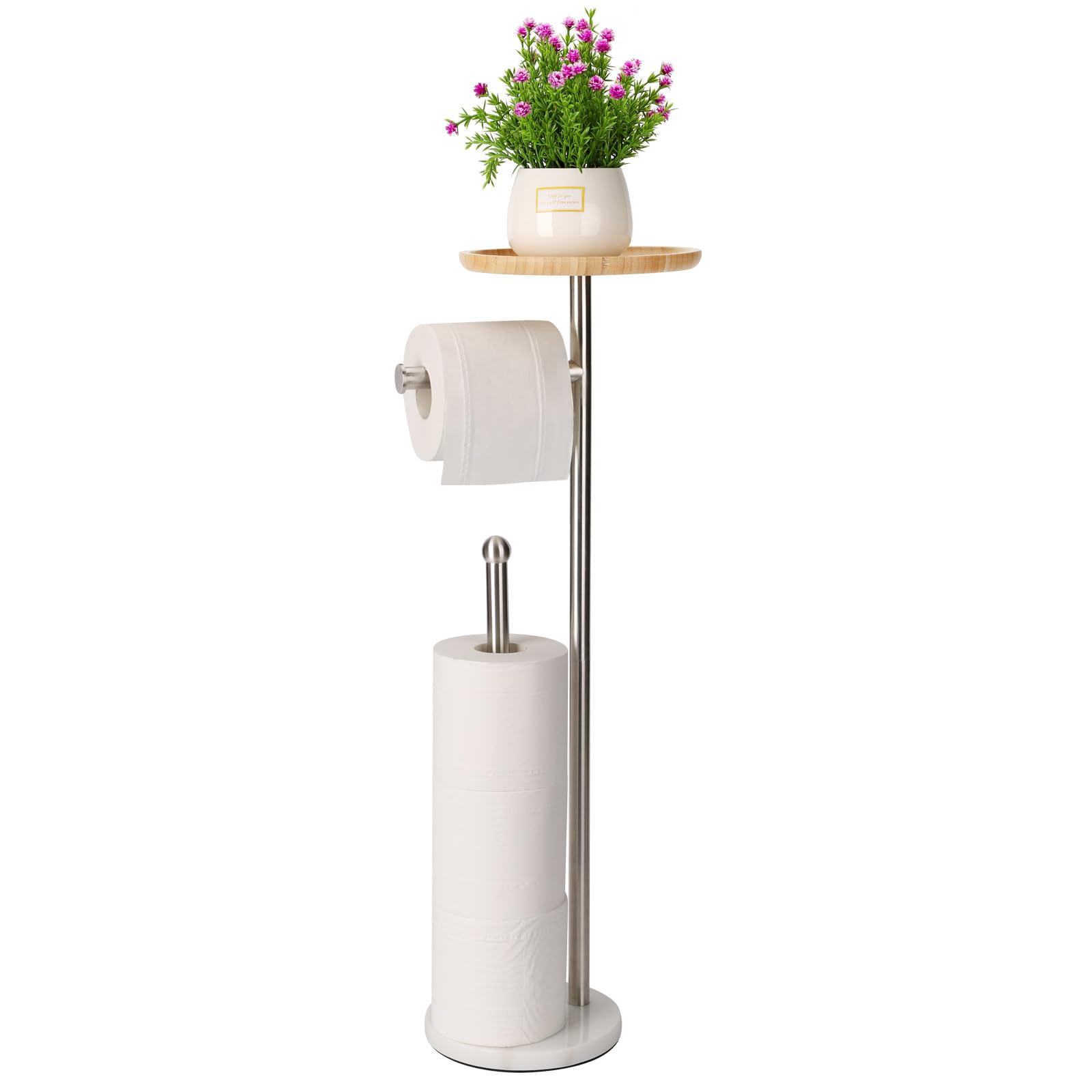 Toilet Paper Holder Stand with 7.9 Big Bamboo Tray, 2.2Lbs Heavier Marble Base, Floor Standing Paper Holder Stand with Phone She